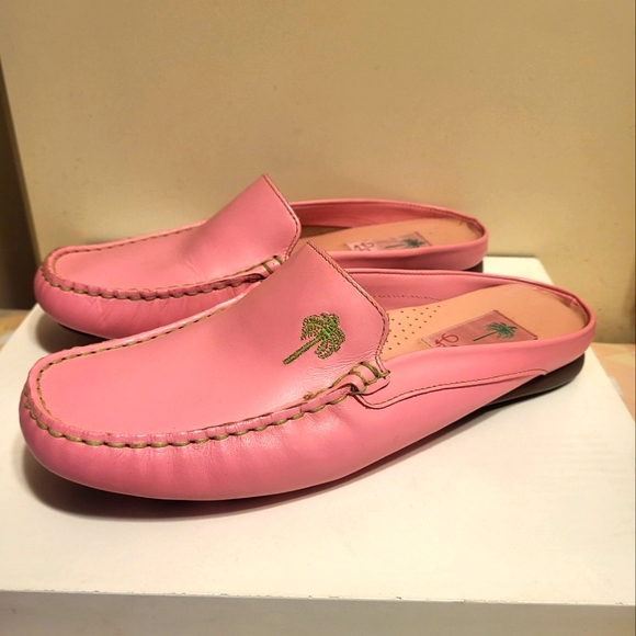 Lilly Pulitzer Shoes - NEW Lilly Pulitzer Pink Leather Moc Front Mule Loafers Palm Tree Logo Sz.8  $158